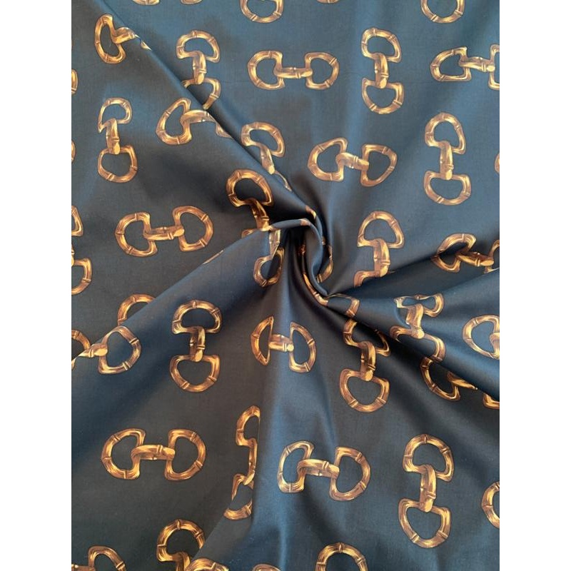 Large Links Printed Stretch Cotton Twill Panel – Black / Gold / Brown Fabric by the Panel