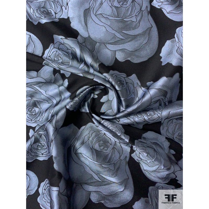 Large Rose Pattern Brocade – Grey / Black Fabric by the Yard
