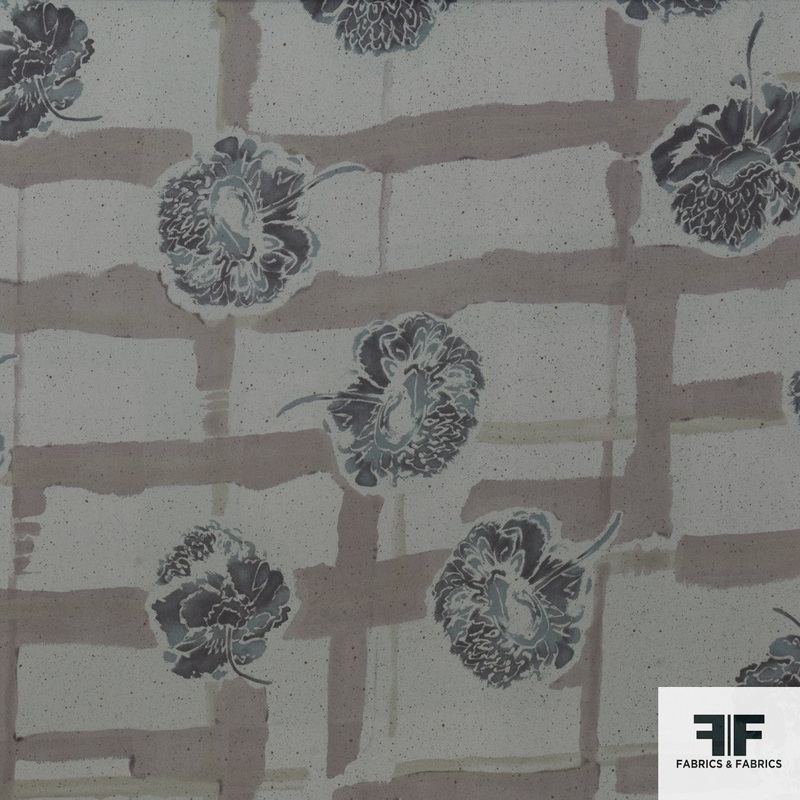 Painterly Windowpane & Floral Printed Silk Chiffon – Taupe/Grey/Cream Fabric by the Yard