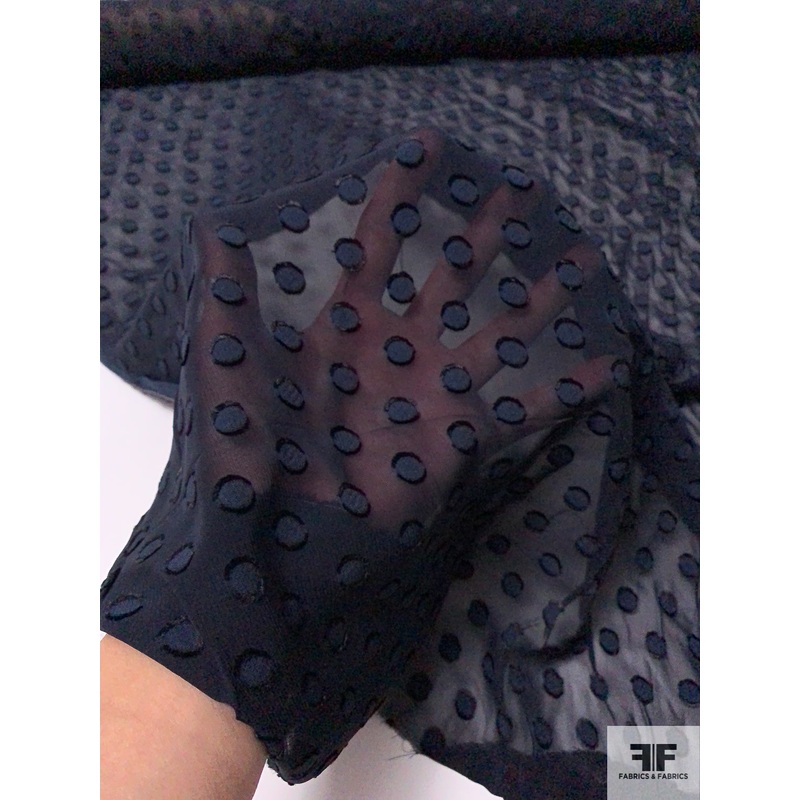 Prabal Gurung Polka Dot Clip Silk Chiffon – Navy / Black Fabric by the Yard