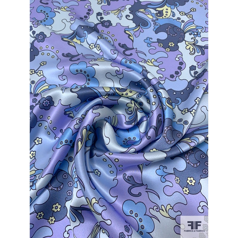 Pucci-esque Paisley-Like Printed Silk Charmeuse – Shades of Blue / Periwinkle / Pastel Lime Fabric by the Yard
