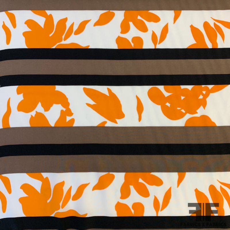 Striped Abstract Silk Crepe de Chine – Orange/Brown Fabric by the Yard