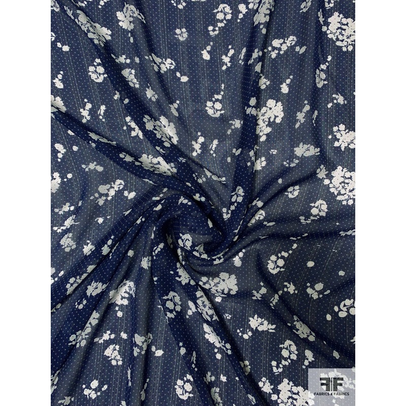 Vertical Textured Striped and Floral Pin Dot Printed Silk Georgette Panel – Navy / Off-White / Tan Fabric by the Panel