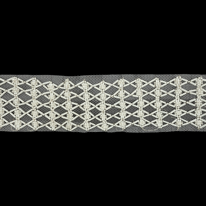 Vintage White Latticework Glass Beaded Mesh Trim – 2.125″