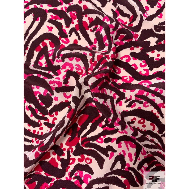 Animal Pattern Printed Silk Crepe de Chine – Magenta / Berry Red / Eggplant Fabric by the Yard