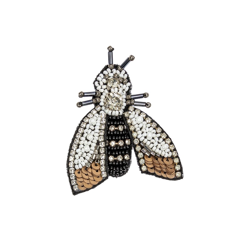 Black, White and Bronze Moth Rhinestone and Glass Beaded Applique – 2.5″ X 2″