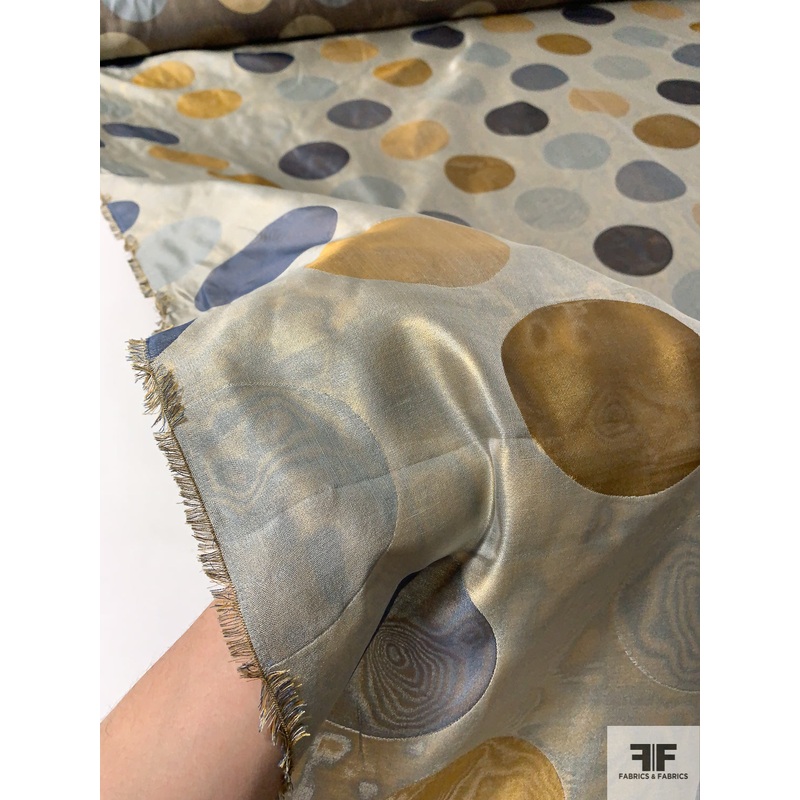 Circle Pattern 2-Ply Double Sided Light Taffeta Organza – Brass / Antiuqe Blue Fabric by the Yard