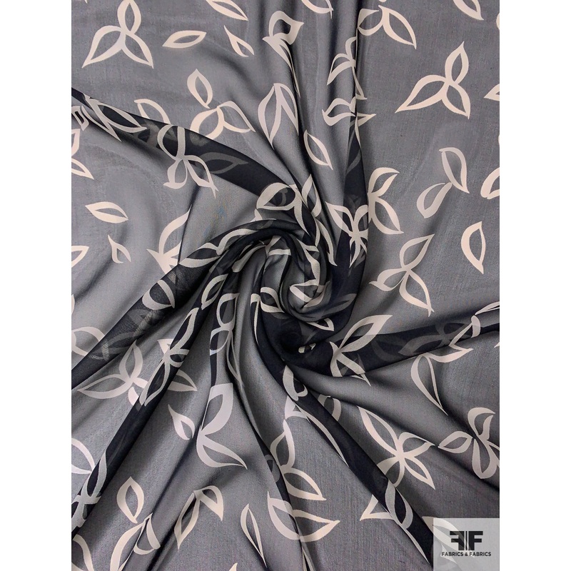 Floral Leaf Petals Printed  Silk Chiffon – Black / Light Grey Fabric by the Yard