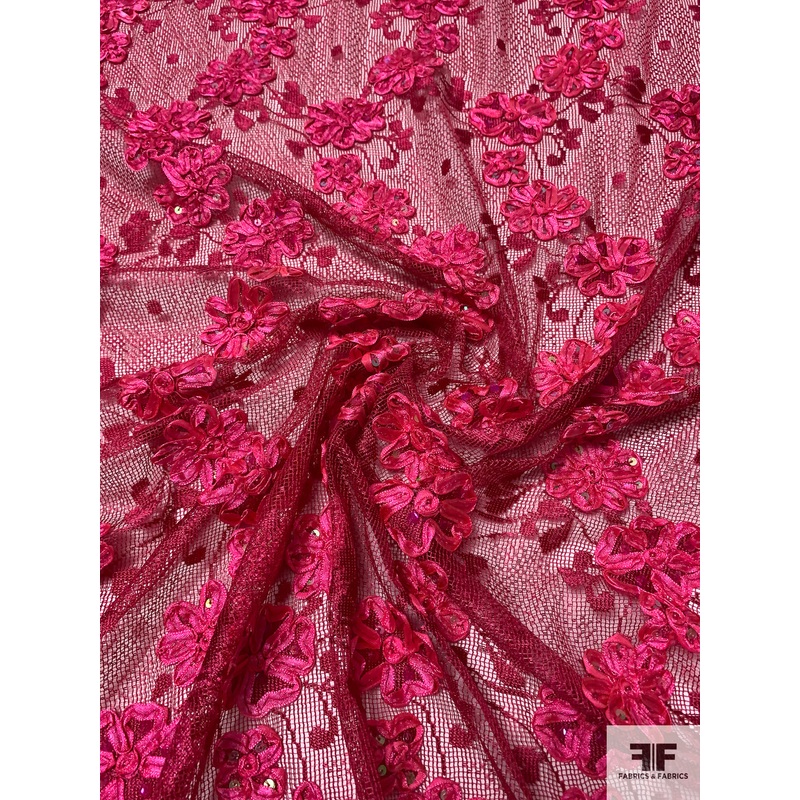 Floral Ribbon Embroidered Mesh Lace with Sequins – Berry Pink Fabric by the Yard