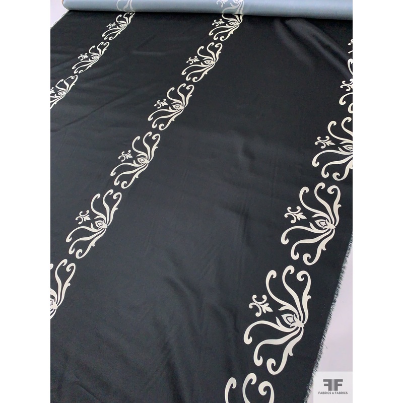 Florist Motif Printed Polyester Twill-Charmeuse – Black / Off-White Fabric by the Yard