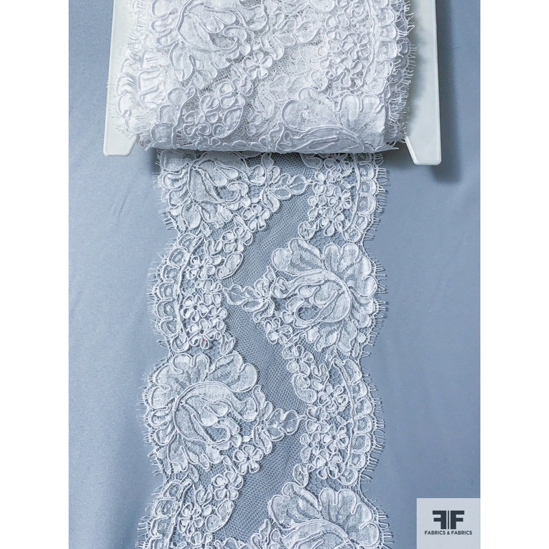 French Double-Scalloped Floral Alencon Lace Trim – White Fabric by the Yard