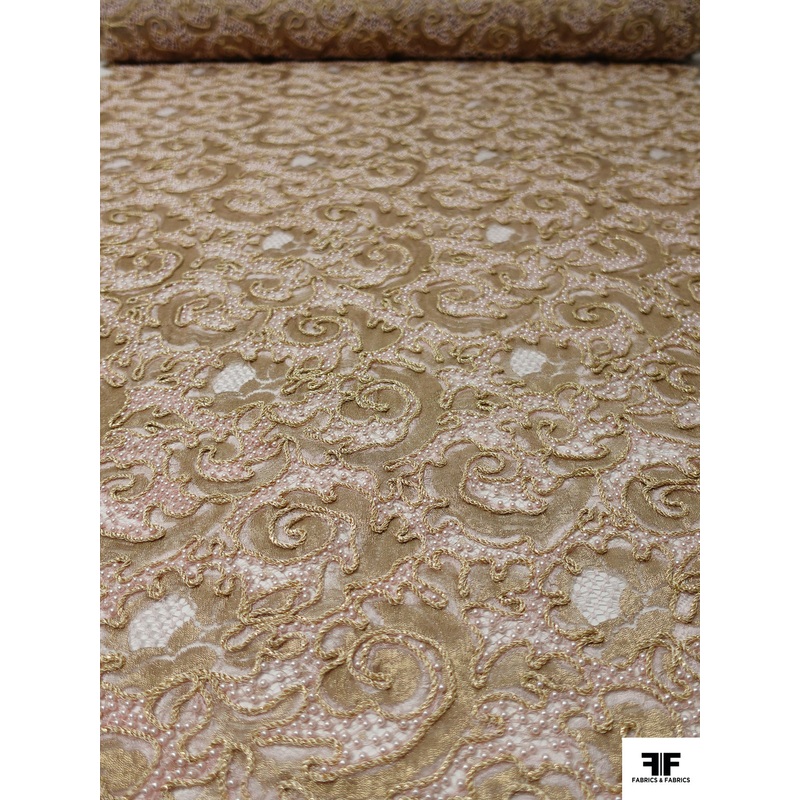French Paisley Metallic Lace with Pearls and Cording – Gold / Ballet Pink Fabric by the Yard