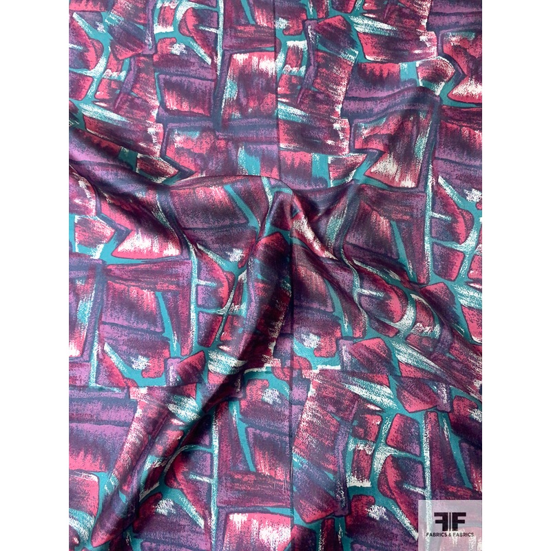 Graphic Shapes Printed Vintage Fine Silk Twill – Purple / Orchid Pink / Turquoise Fabric by the Yard
