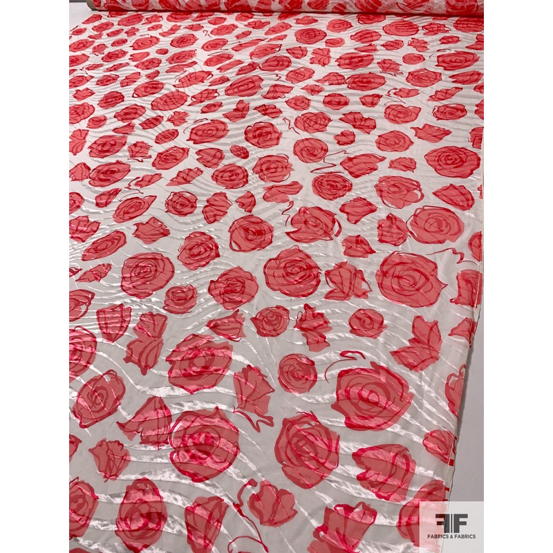 Italian Painterly Floral Printed Burnout Silk Chiffon – Strawberry / Off-White Fabric by the Yard