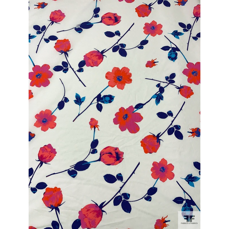 Italian Vibrant Floral Printed Cotton Shirting – Hot Coral / Magenta / Blue / Off-White Fabric by the Yard
