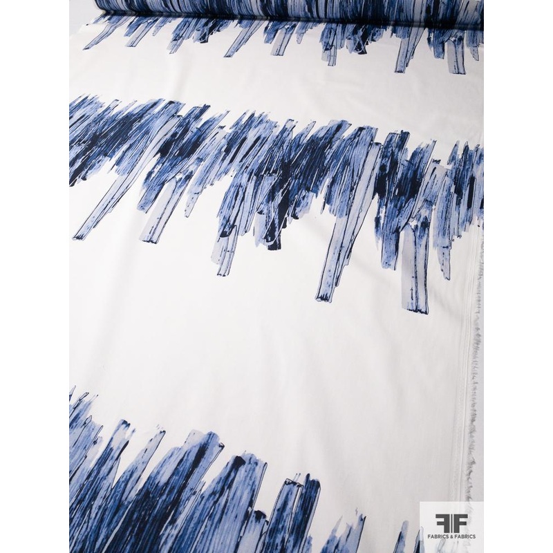 Painterly Brushstroke Printed Stretch Cotton Sateen Panel – Blue / Off-White Fabric by the Panel