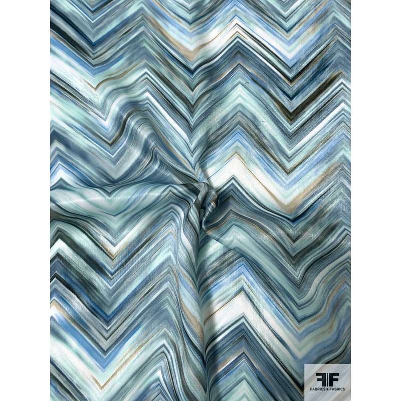 Painterly Chevron Printed Polyester Charmeuse – Seafoam / Shades of Blue / Rusty Black Fabric by the Yard