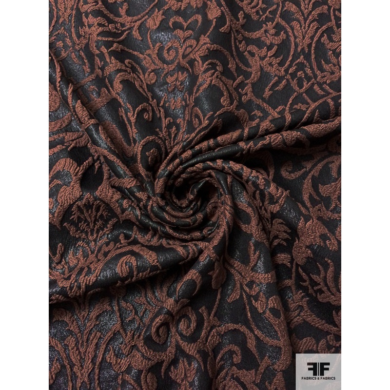 Regal Floral Vine Textured Stretch Brocade with Sheen – Brown / Black Fabric by the Yard