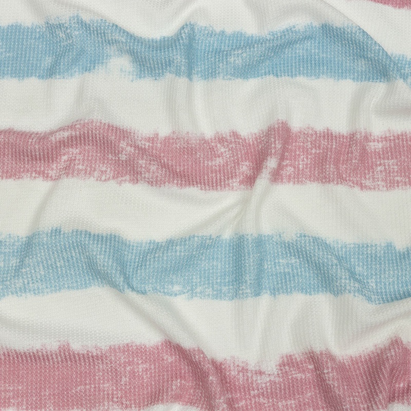 Sky, Rose and White Painterly Stripes Polyester and Rayon Waffle Knit