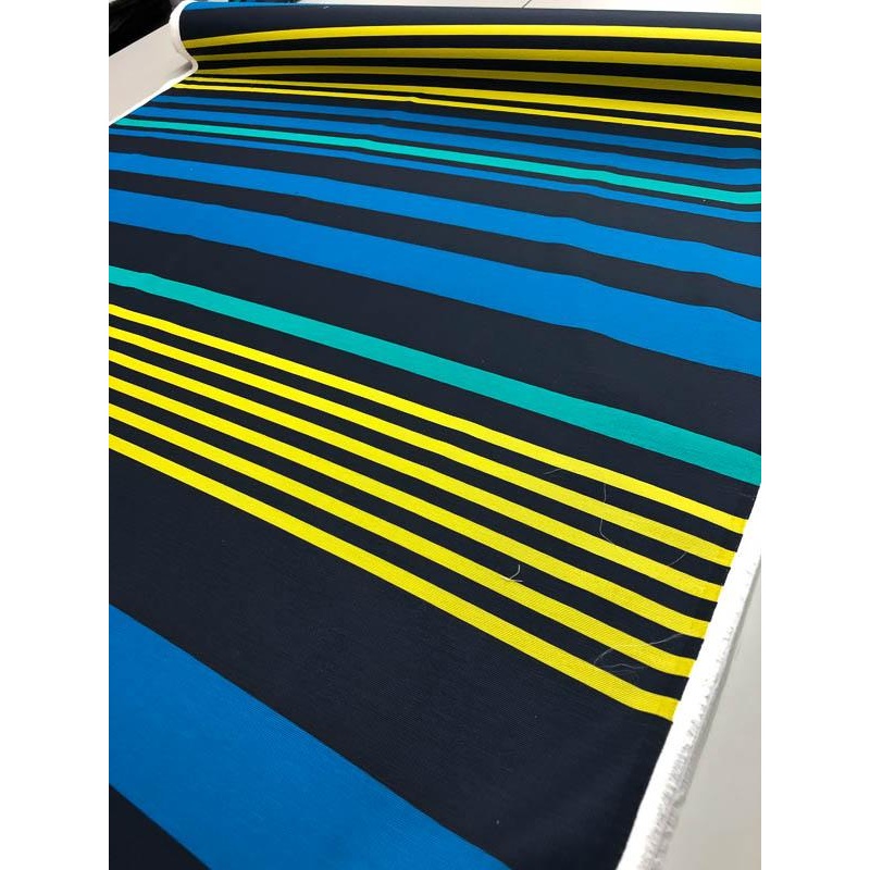 Stripe Printed Stretch Cotton Ottoman with Fused Back – Blue / Yellow / Jade Fabric by the Yard