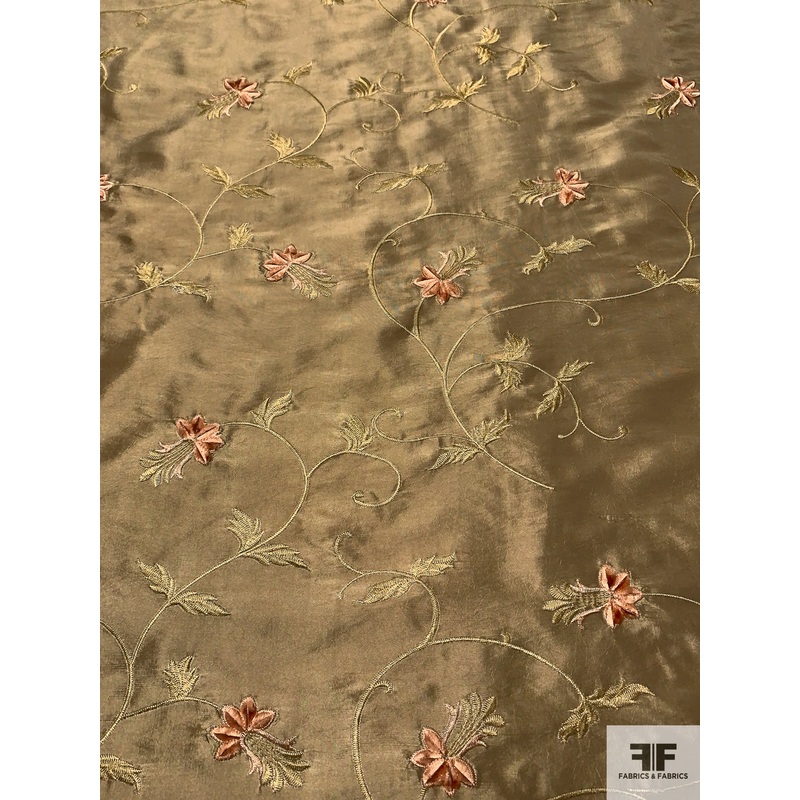 Vines Embroidered with Chenille Flowers Polyester Taffeta – Antique Gold / Antique Peach Fabric by the Yard