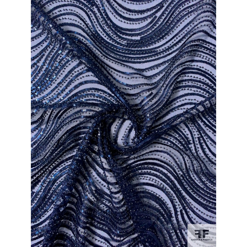 Wavy Lines Embroidered and Beaded Netting with Sequins – Navy Fabric by the Yard