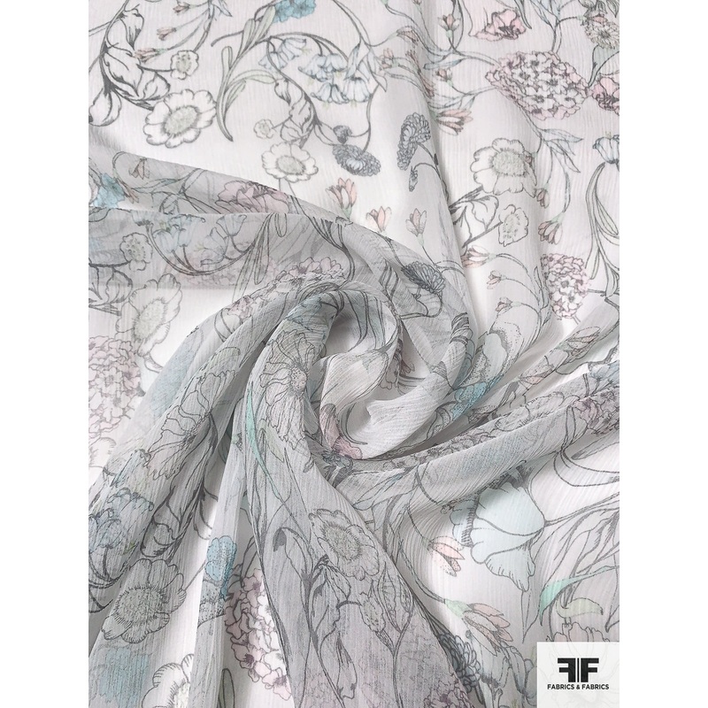 Wilting Floral Printed Crinkled Silk Chiffon – Grey / Icey Tones / Light Ivory Fabric by the Yard