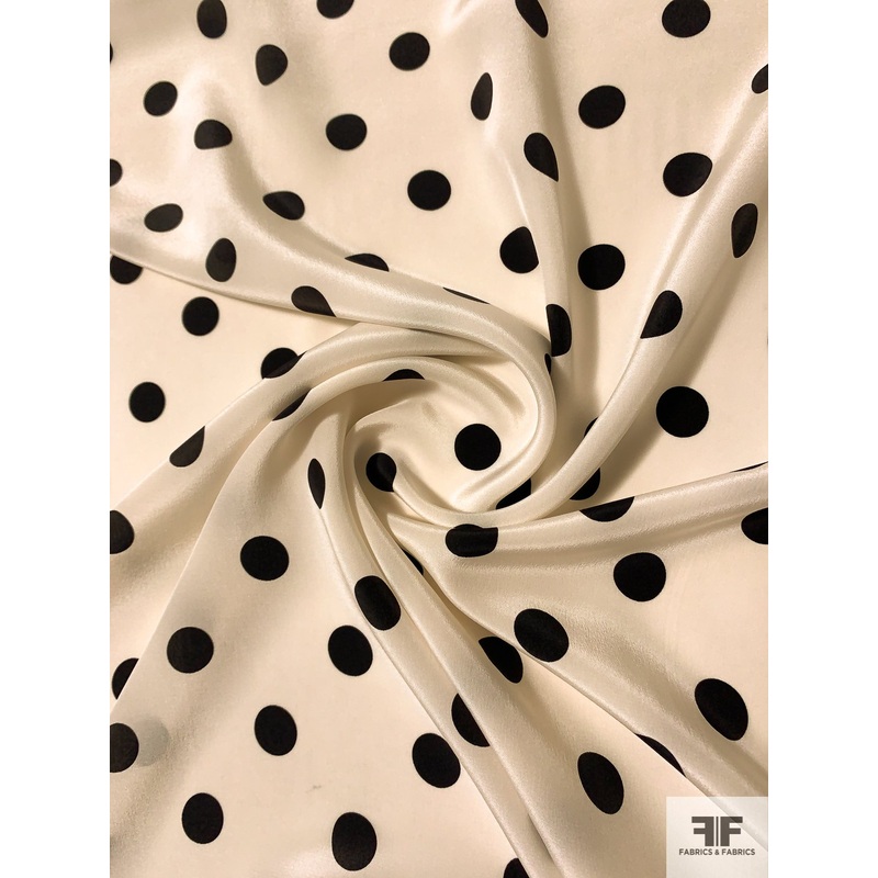 Classic Polka Dot Printed Silk Crepe de Chine – Black / Ivory Fabric by the Yard