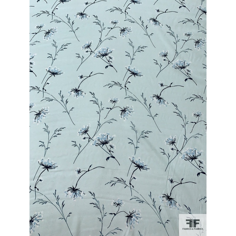Delicate Floral Matte-Side Printed Silk Charmeuse – Light Aqua / Teal / Off-White Fabric by the Yard