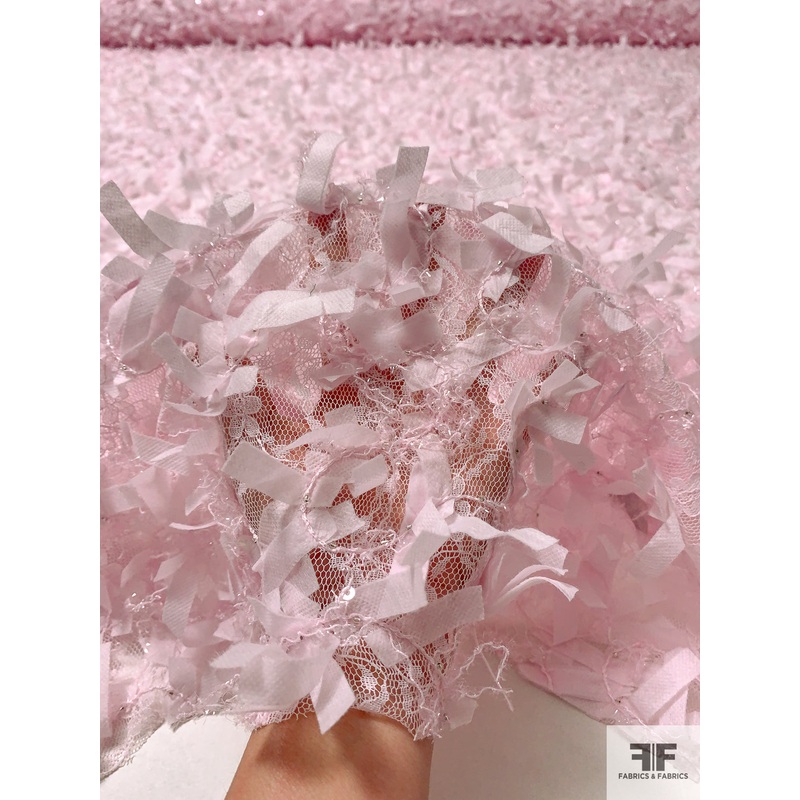 J Mendel Novelty Lace with Stitched Ribbon and Beads – Ballet Slipper Pink Fabric by the Yard