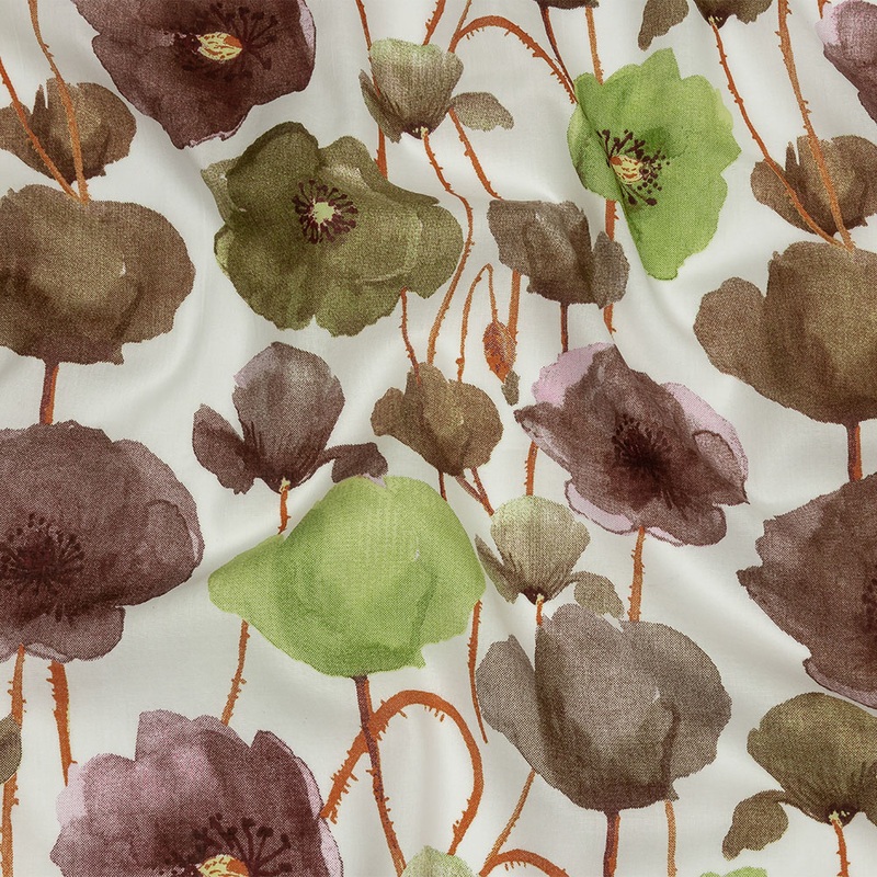 Lime, Burgundy and Orange Painterly Blooms Cotton Lawn