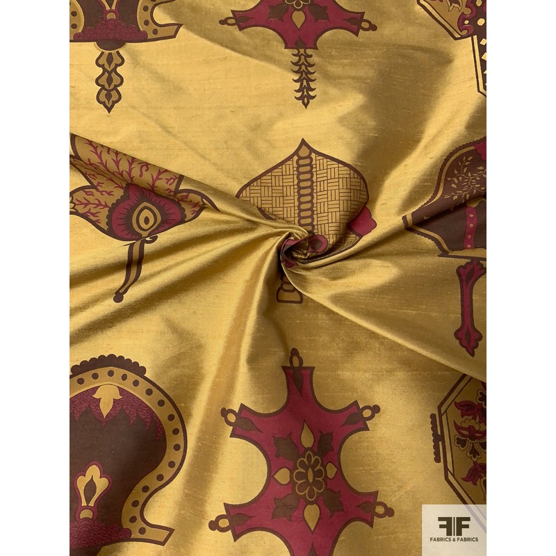 Medieval Ecclesiastical Inspired Printed Silk Shantung Taffeta – Antique Gold / Brown / Wine Red Fabric by the Yard