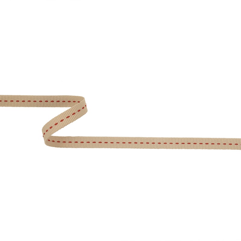 Tan Grosgrain Ribbon with Red Stitching Detail – 0.375″