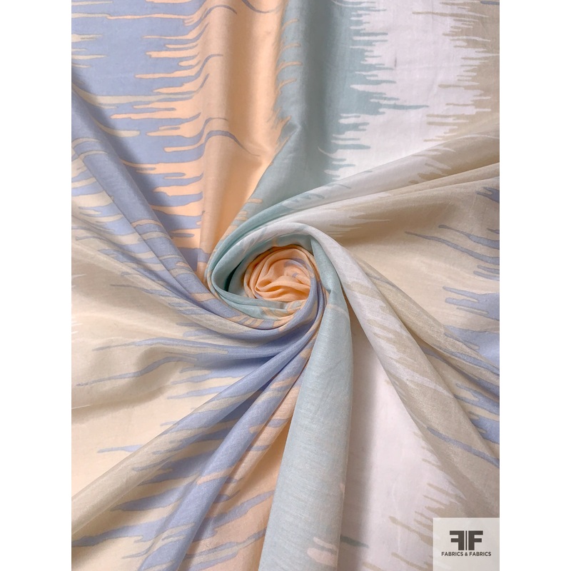 Vertical Drip Striped Printed Silk and Cotton Voile – Pale Cornflower / Seafoam / Light Peach / Off-White Fabric by the Yard