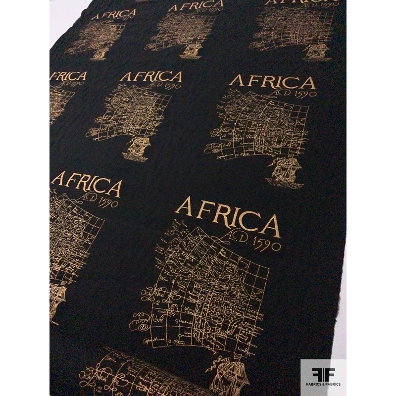 Africa Gold Foil Printed Linen-Weave Heavy Cotton – Black / Tan Fabric by the Yard