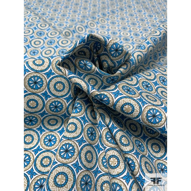 Art Deco Circles Printed Stretch Cotton Poplin – Blue / Light Olive Green / Off-White Fabric by the Yard