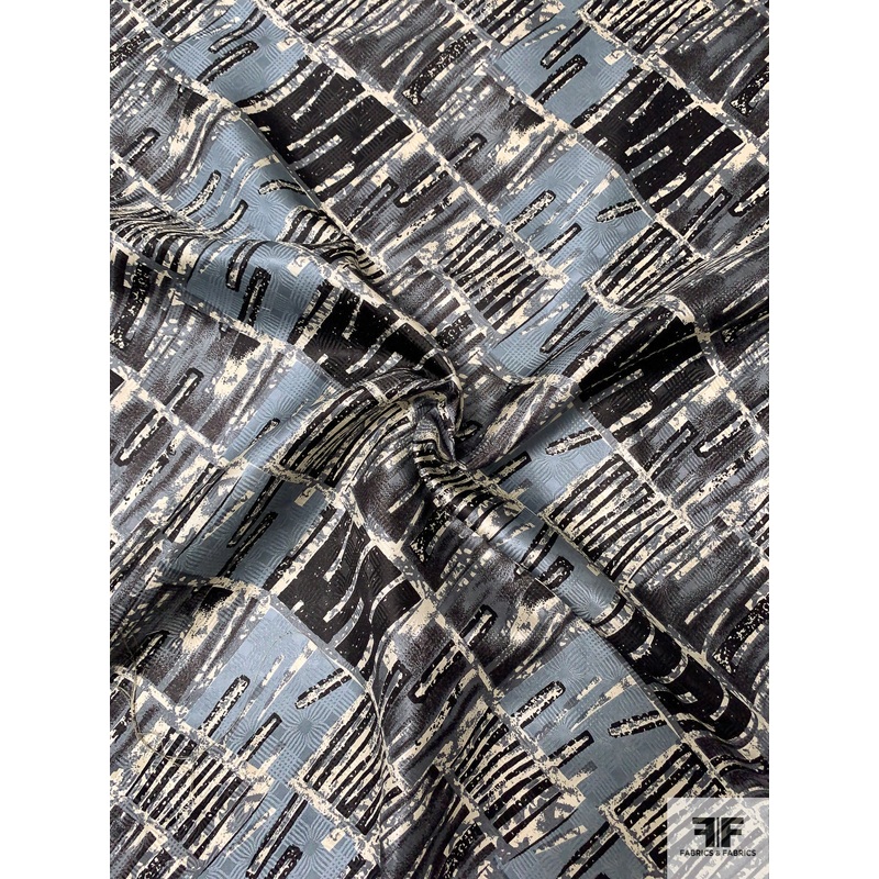 Checkerboard-Like Printed Vintage Silk Jacquard – Chalky Sky Blue / Black / Ivory / Grey Fabric by the Yard