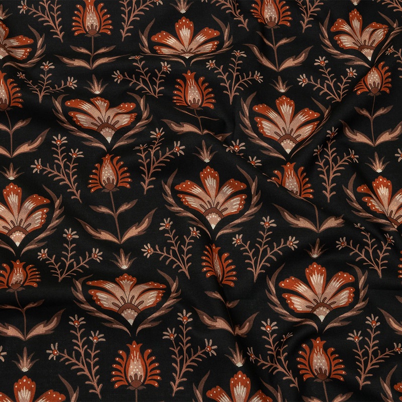 Cotton Voile – Black and Orange Floral – Watching the Fire Print – Mood Exclusive Rockland Collection