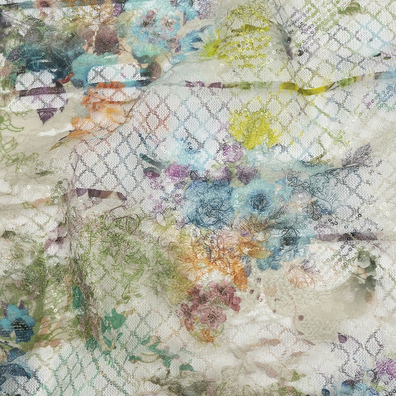 Cream and Multicolor Garden Lattice Printed Lattice Net with Eyelash Fringe and Clear Baby Sequins