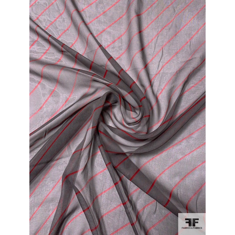 Diagonal Striped Printed Silk Chiffon – Red / Grey Fabric by the Yard