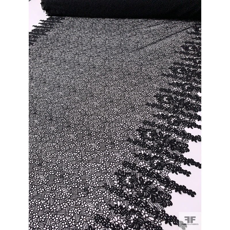 Double-Scalloped Small Floral Guipure Lace – Black Fabric by the Yard