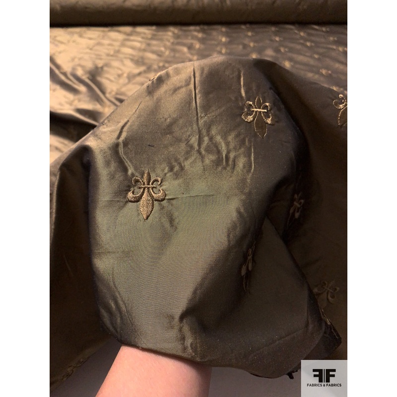 Fleur-de-Lis Embroidered Iridescent Silk Taffeta – Antique Bronzey-Taupe Fabric by the Yard