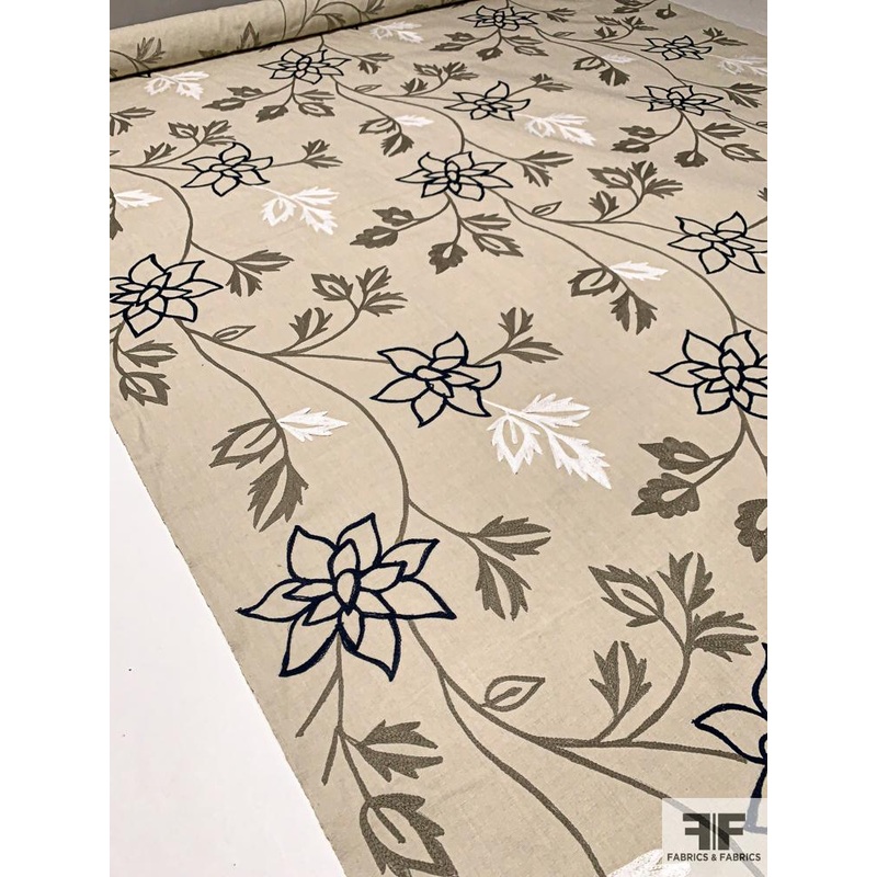 Floral Embroidered Cotton Canvas – Sand / Grey / Navy Fabric by the Yard