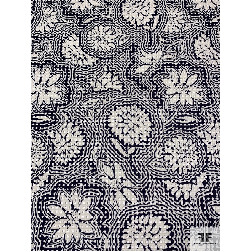 Floral Print on Circle Grid Embroidered Eyelet Cotton – Navy / Light Ivory Fabric by the Yard