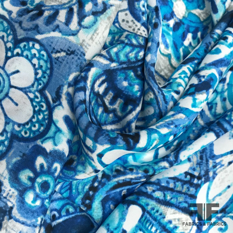 Floral Printed Silk Georgette – Blue/White Fabric by the Yard