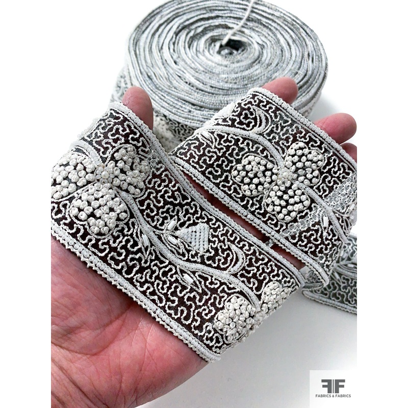 Floral Vine Embroidered and Beaded Organza Silk Blend Trim – Off-White / Black Fabric by the Yard