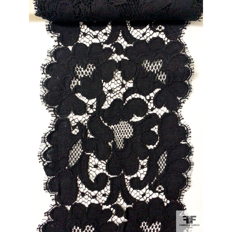 French Double-Scalloped Floral Raschel Lace Trim – Black Fabric by the Yard