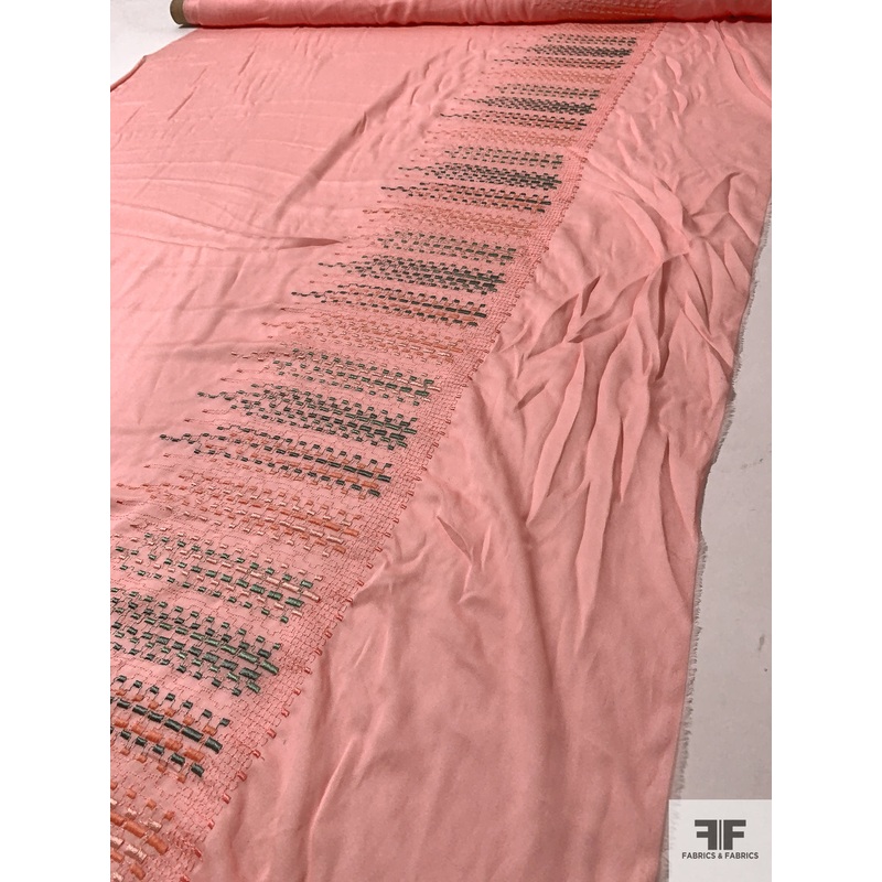 Geometric Border Pattern Embroidered Silk Georgette – Peachy Pink / Dark Sage Fabric by the Yard