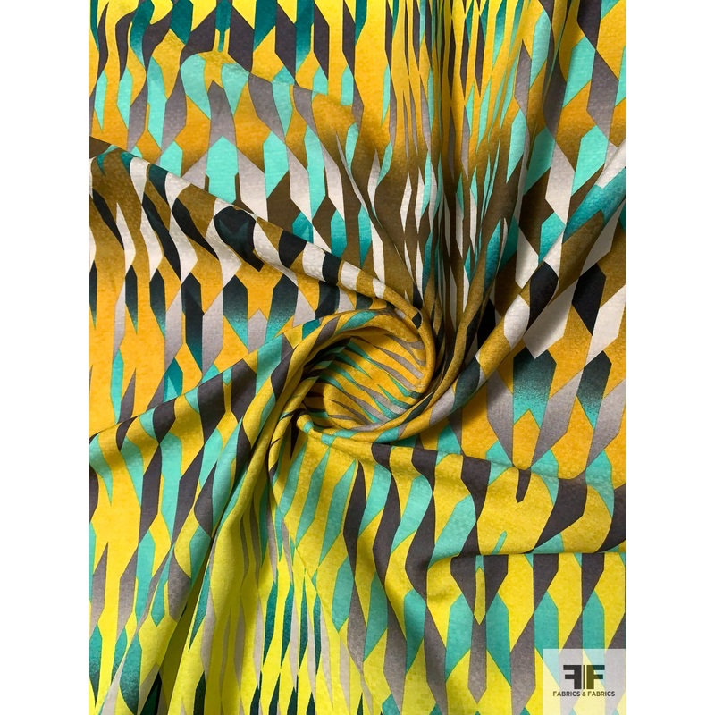 Geometric Kaleidoscope Printed Cotton-Silk Jacquard Shirting Panel – Chartreuse / Teal / Turmeric / Grey Fabric by the Panel
