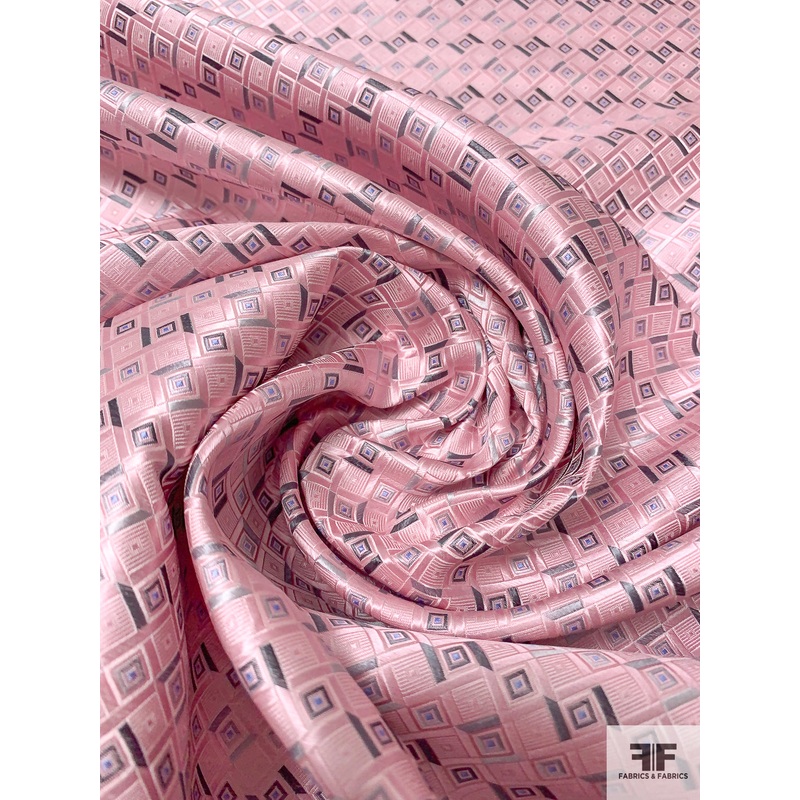 Geometric Silk Necktie Jacquard Brocade – Pink / Grey / Periwinkle Fabric by the Yard